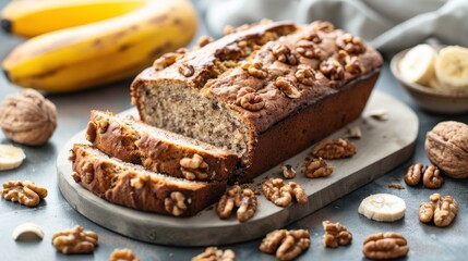 Banana bread loaf with walnuts on a cutting board