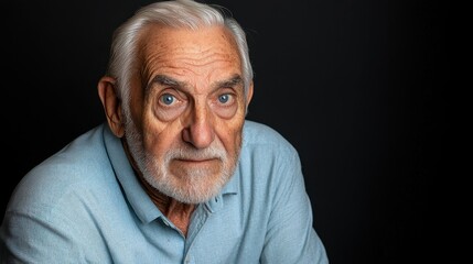 Fototapeta premium An elderly man with gray hair and blue eyes sits in a warm, inviting space, gazing thoughtfully towards the viewer, conveying a sense of wisdom and experience