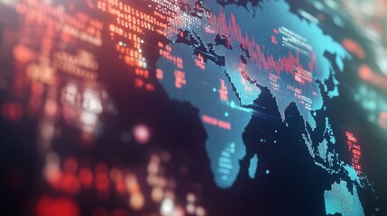 Create a high-resolution image where a world map is interwoven with stock market tickers and currency symbols, the continents appearing to pulse with financial energy