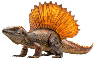 Naklejka premium Dinosaur-like reptile with a dramatic crest roams a prehistoric landscape at dusk isolated on transparent background