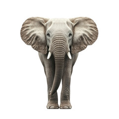 Fototapeta premium realistic depiction of an elephant standing upright against a plain white background its large ears. tusks. and trunk are prominently displayed. emphasizing its majestic appearance this artwork showca