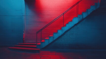 Fototapeta premium A modern staircase is illuminated by vibrant red and blue lights, creating a stark contrast in an urban environment during evening hours, showcasing sleek architectural lines and shadows