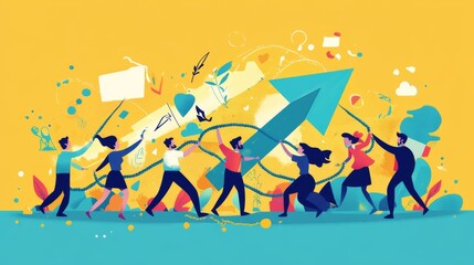 Fototapeta premium Flat design, 2D illustration of a group of businesspeople pulling a large upward arrow with ropes