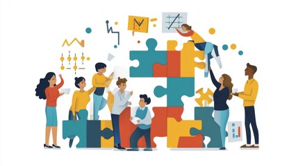 Flat design, 2D illustration of a diverse team assembling a jigsaw puzzle with growth charts as pieces