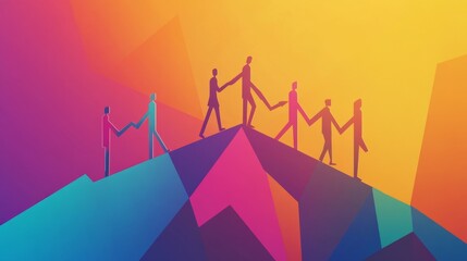 Flat design, 2D illustration of a team walking across a bridge made of upward arrows
