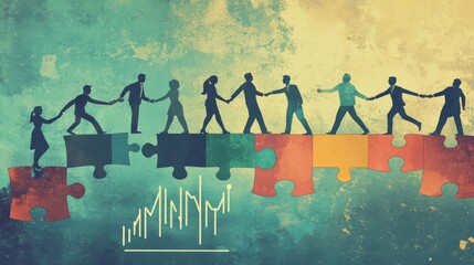 Flat design, 2D illustration of businesspeople building a bridge out of puzzle pieces leading to a growth chart