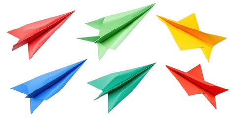 collection of six colorful paper airplanes in various shapes and orientations the vibrant colors?red. green. blue. yellow?highlight the playful and creative aspect of paper folding. often associated w