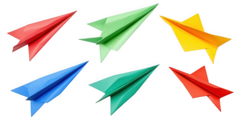 collection of six colorful paper airplanes in various shapes and orientations the vibrant colors?red. green. blue. yellow?highlight the playful and creative aspect of paper folding. often associated w