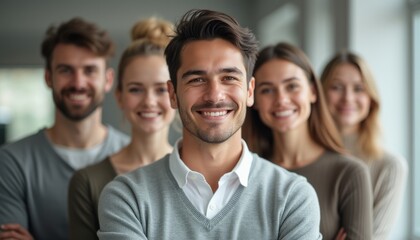 A group of four friends, with a confident man in the foreground, smiles brightly against a softly blurred background. Their warm expressions radiate joy and camaraderie, showcasing the beauty of