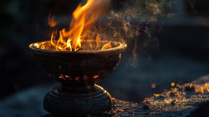 Sacred Flame Burning in a Traditional Brass Vessel