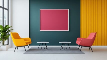 Modern Living Room Design with Colorful Chairs and Empty Frame