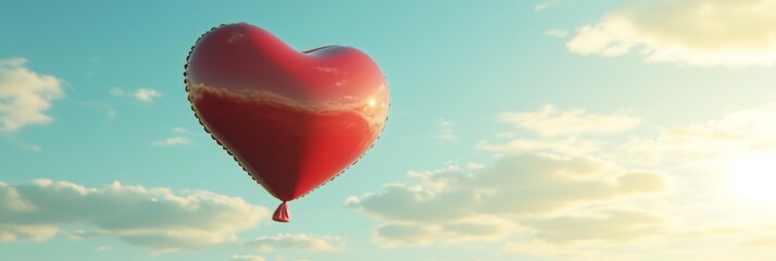Fototapeta premium A red heart balloon floating in the sky, illuminated by the setting sun and surrounded by soft clouds