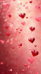 Obraz premium Delicate hearts drift gracefully against a soft pink backdrop, creating a whimsical atmosphere of love and romance, perfect for Valentine's Day.