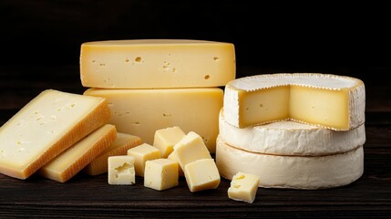 Assorted Delicious Cheese Varieties on Rustic Wooden Background