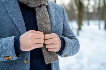 A sophisticated man dressed in a textured coat is adjusting his scarf against a snowy backdrop, portraying a sense of style and approachability in a winter scene.