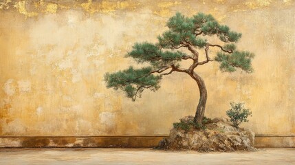Bonsai tree against textured wall, zen garden serenity, peaceful background, meditation