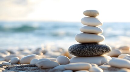 Balanced stones on beach at sunset; ocean background; serenity, meditation