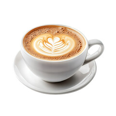 beautifully crafted cup of coffee topped with intricate latte art. showcasing a heart or leaf design the cup is placed on a matching saucer. emphasizing a cozy and inviting atmosphere. ideal for coffe