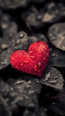 Obraz premium A radiant red heart rests elegantly amidst a bed of dark leaves, symbolizing love's warmth against nature's mysterious backdrop.