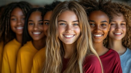 Obraz premium A group of young women stands closely together, all smiling warmly. Each has unique hairstyles and they wear colorful tops, creating a vibrant and friendly atmosphere indoors