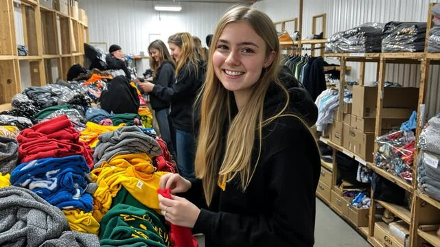 A young woman sorts colorful clothing in a warehouse with others nearby.