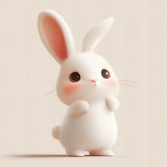 Obraz premium Cute minimalistic cartoon rabbit character waving hello in pastel colors with pink ears and fluffy body