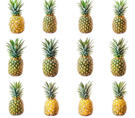 grid of twelve pineapples arranged in a neat pattern against a white background. showcasing their vibrant colors and textures this composition highlights the fruit's unique appearance. making it suita