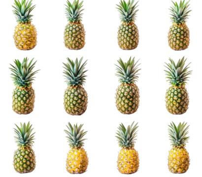 grid of twelve pineapples arranged in a neat pattern against a white background. showcasing their vibrant colors and textures this composition highlights the fruit's unique appearance. making it suita