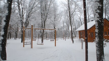 Fototapeta premium Snow-covered swings in winter park near cabin. Peaceful winter scene. Ideal for winter, nature, childhood themes