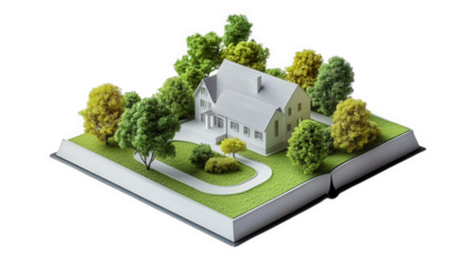 an open book with a three-dimensional model of a house surrounded by trees and a landscaped garden. illustrating the concept of home and nature in a creative. artistic manner