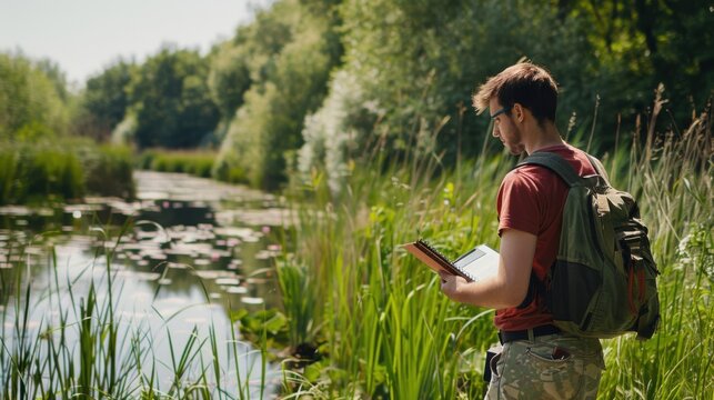 An environmental engineer conducting ecological surveys in a wetland conservation area, with biodiversity and ecological monitoring equipment visible, Wetland conservation survey scene