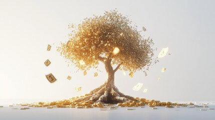 A conceptual tree with roots of gold bars, a trunk made of financial symbols