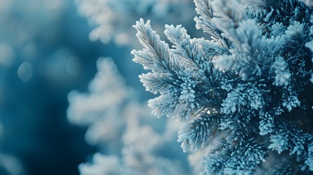 Frosty pine branches, winter forest background, nature scene, holiday card