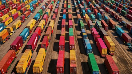 A massive shipping container yard, viewed from above, organized rows of containers in different colors, efficiency in shipping