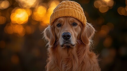 A golden retriever poses with a knitted orange beanie as the sun sets, creating a beautiful autumn backdrop with warm hues in the background