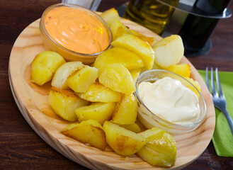 Patatas bravas, traditional Spanish dish of fried potatoes served with hot sauce and aioli on wooden plate