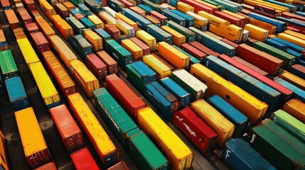 A massive shipping container yard, viewed from above, organized rows of containers in different colors, efficiency in shipping