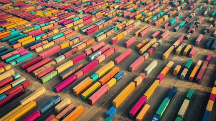 A massive shipping container yard, viewed from above, organized rows of containers in different colors, efficiency in shipping