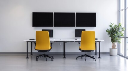 Modern Minimalist Office Workspace with Yellow Ergonomic Chairs