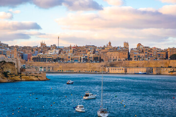 Panoramic view of valetta from Saint Angelo Fort in Birgu, Malta