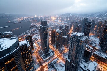 An aerial perspective captures a winter harbor scene, featuring snow-dusted buildings illuminated by city lights, creating a serene yet vibrant urban atmosphere.