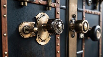 Antique locks and knobs on a decorative door.