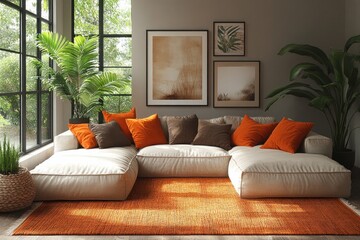Modern Cozy Living Room with Oversized Sofa Warm Orange Accents Textured Rug Scandinavian Minimalist Style