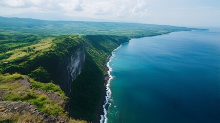 Coastal cliffside vista, ocean view, green hills, scenic landscape, travel brochure