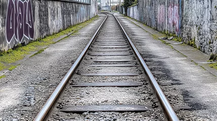 Fotobehang Train tracks vanishing point between graffiti walls. © milenialdesastudio