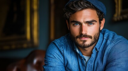 A young man sits with a confident expression, wearing a blue shirt and cap. His striking blue eyes and beard complement the warm, vintage decor of the room