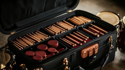 Drumstick case filled with various percussion instruments.
