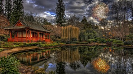 Obraz premium Festive Japanese garden at night with fireworks reflected in pond.