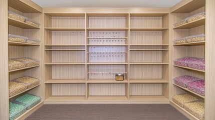 Obraz premium Large wooden shelves filled with various popcorn kernels in clear containers.