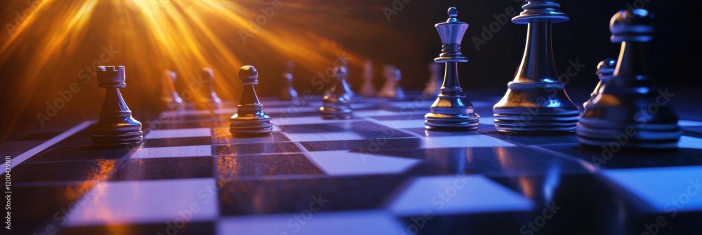 Aufkleber Chess pieces arranged strategically on a board with dramatic lighting in a close up view. Generative AI